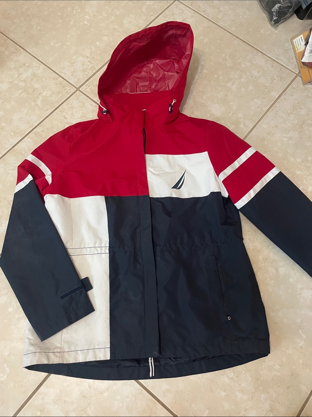 Nautica Red, Navy & White Colorblock Hooded rain Jacket